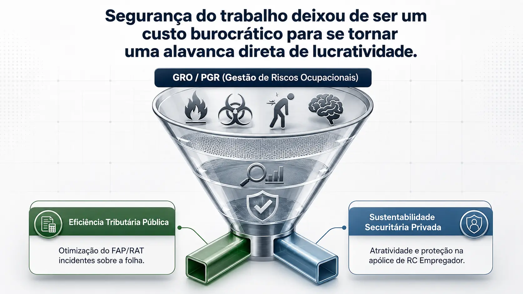 Infográfico: funil do GRO/PGR filtrando riscos ocupacionais e gerando eficiência tributária pública, com otimização do FAP/RAT, e sustentabilidade securitária privada, com melhor apólice de RC Empregador.