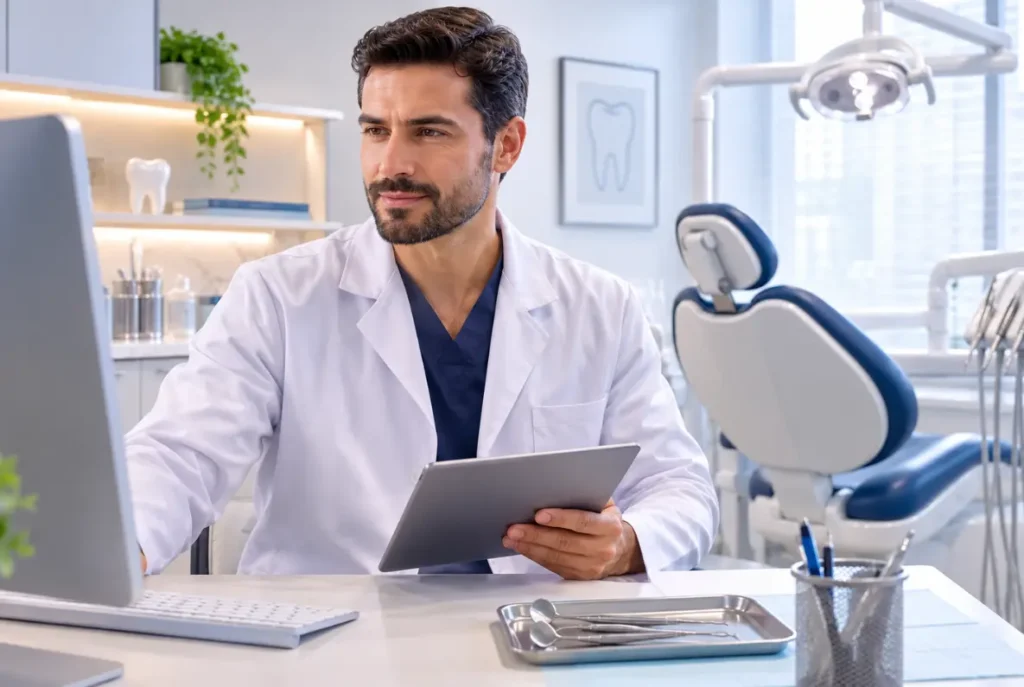 Cirurgião-dentista em consultório representando o Seguro de Responsabilidade Civil Profissional da Okena Corretora de Seguros.