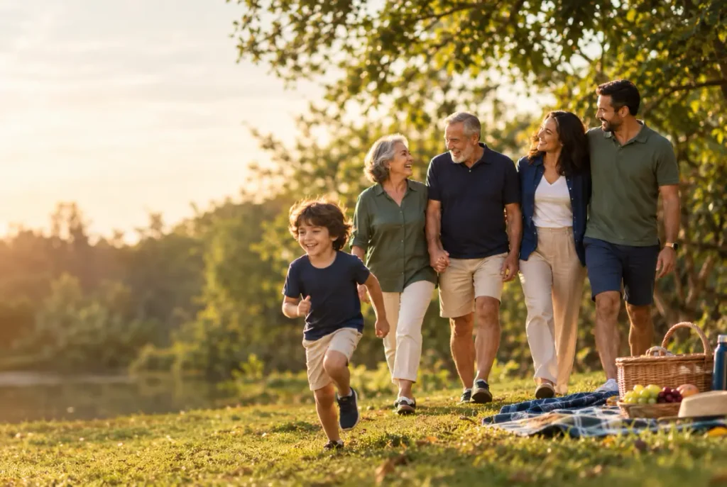 Família de diferentes gerações ao ar livre, representando a proteção do seguro de vida individual