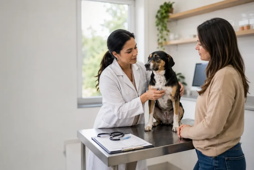 Médica-veterinária conversa com tutor durante o atendimento de um cão em clínica. - Okena Corretora de Seguros em Santos, São Paulo e região - Seguro de responsabilidade civil para veterinários