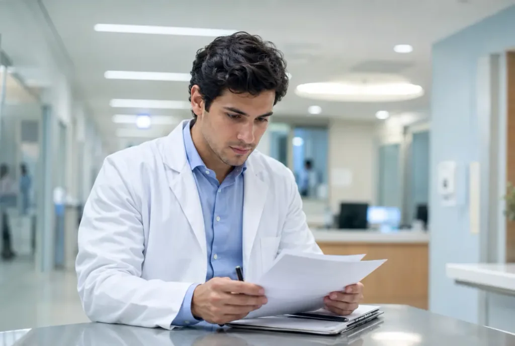 Médico conferindo documentos sobre seguro para residência médica.