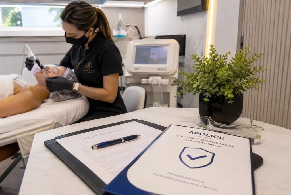 Seguro de Responsabilidade Civil Profissional para Esteticistas protegendo profissionais durante atendimento em clínica de estética. - Okena Corretora de Seguros